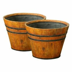 LuxenHome Wood Finish MgO Fiber Clay Barrel Planters (Set of 2)