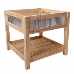 Outdoor Essentials Contemporary 3 ft. x 3 ft. Corrugated Metal and Cedar Elevated Garden Planter with Shelf (Tool Free)