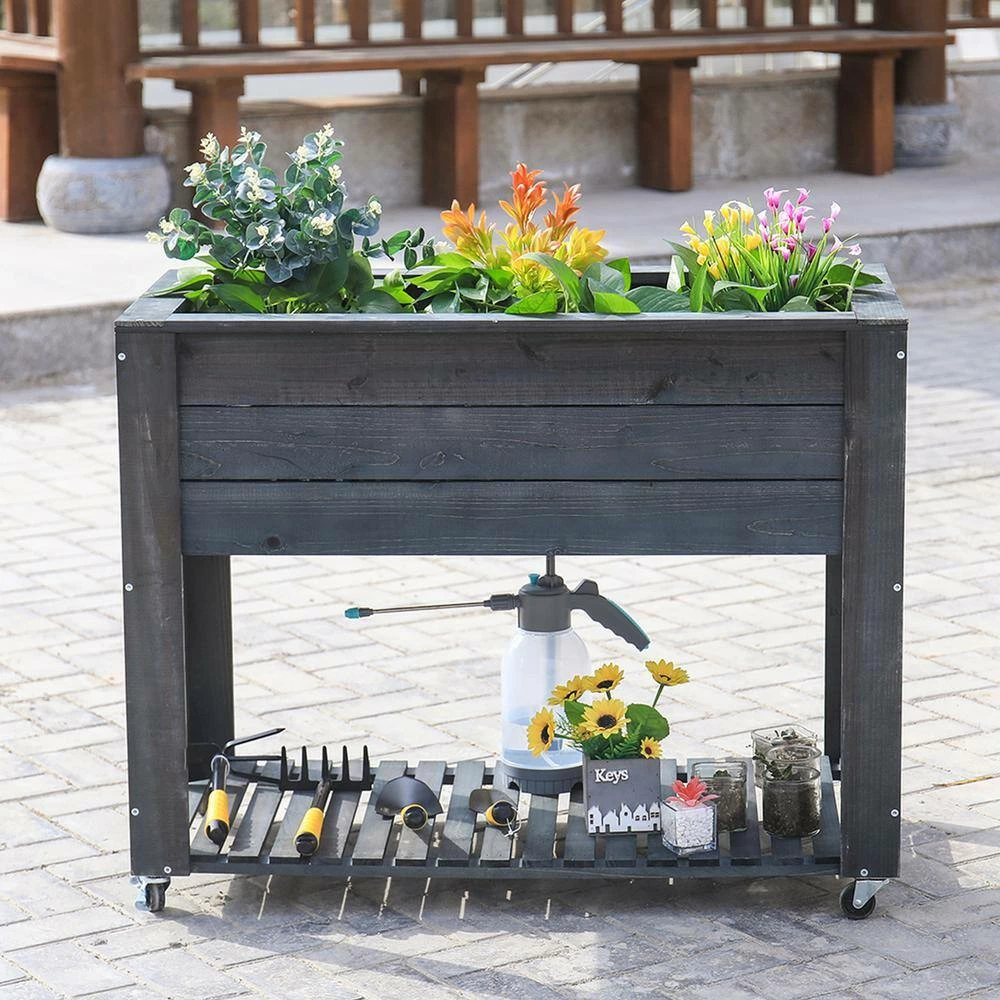 Ejoy 40 in. x 32 in. x 20 in. Dark Grey Wooden Elevated Planter with Shelf and Wheels - Image 2