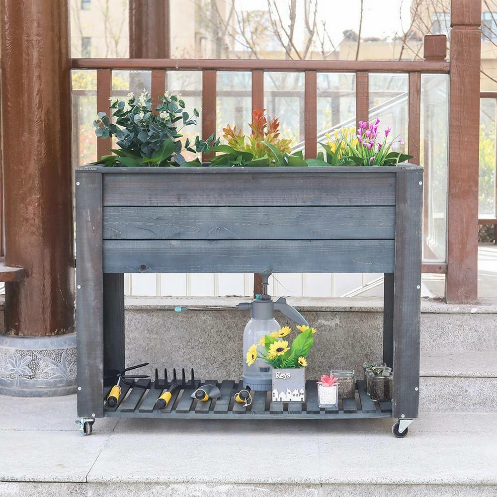 Ejoy 40 in. x 32 in. x 20 in. Dark Grey Wooden Elevated Planter with Shelf and Wheels - Image 6