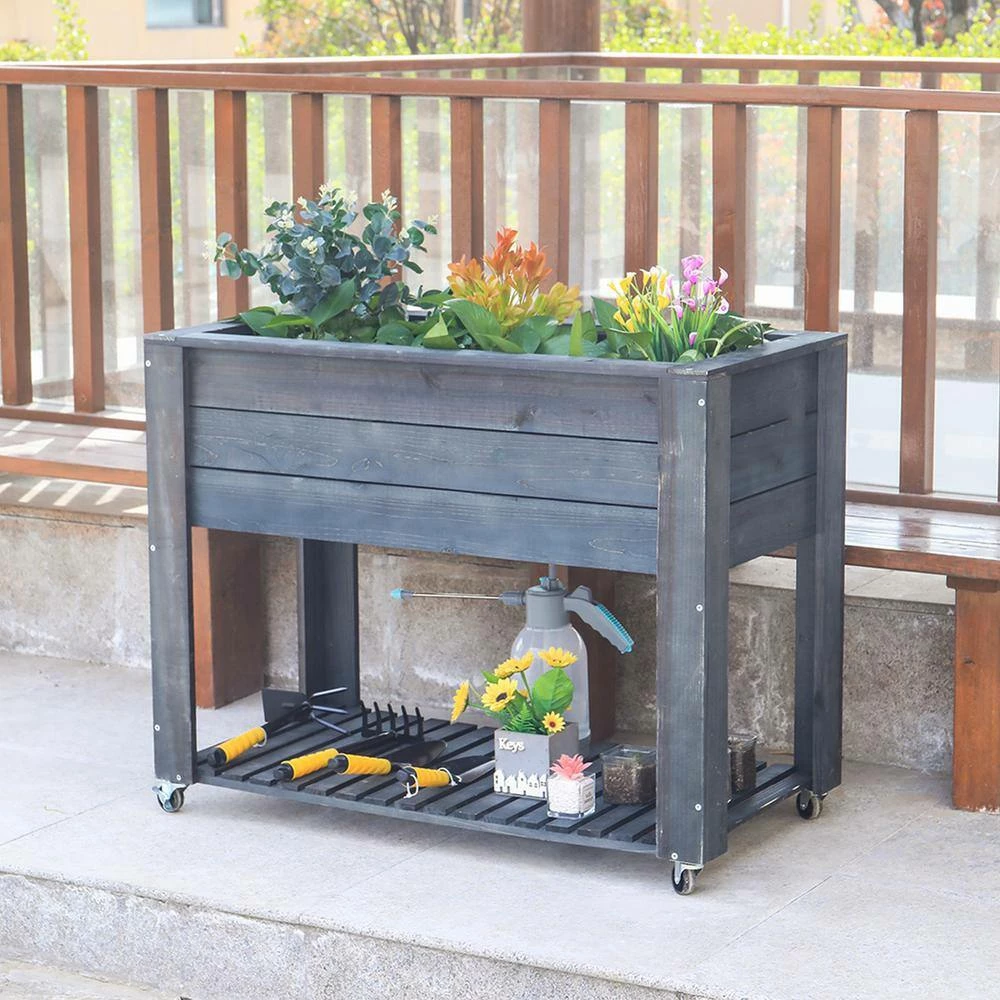 Ejoy 40 in. x 32 in. x 20 in. Dark Grey Wooden Elevated Planter with Shelf and Wheels - Image 7