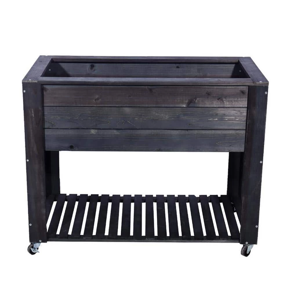 Ejoy 40 in. x 32 in. x 20 in. Dark Grey Wooden Elevated Planter with Shelf and Wheels