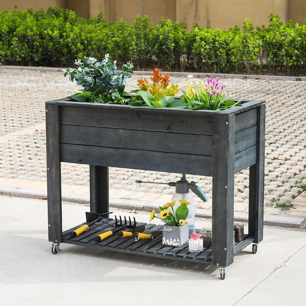 Ejoy 40 in. x 32 in. x 20 in. Dark Grey Wooden Elevated Planter with Shelf and Wheels - Image 3