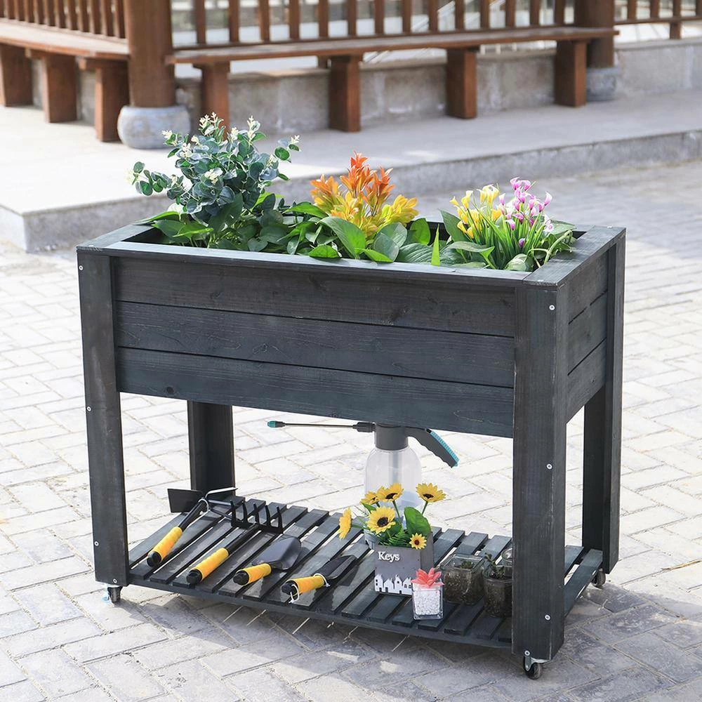 Ejoy 40 in. x 32 in. x 20 in. Dark Grey Wooden Elevated Planter with Shelf and Wheels - Image 9