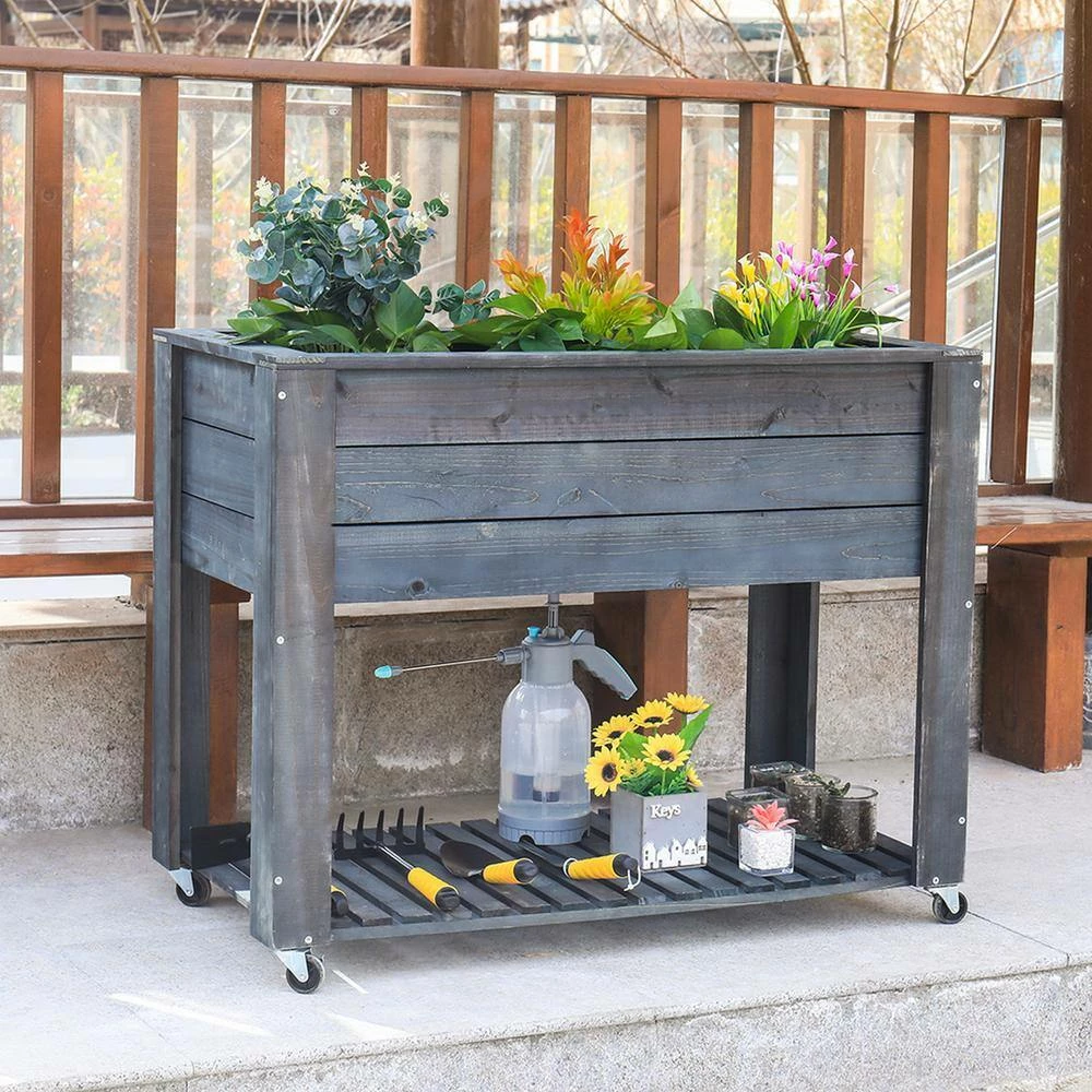 Ejoy 40 in. x 32 in. x 20 in. Dark Grey Wooden Elevated Planter with Shelf and Wheels - Image 8