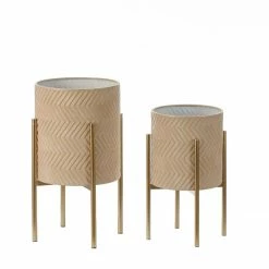 LuxenHome Light Gold Metal Cachepot Planters with Gold Metal Stands (2-Pack)