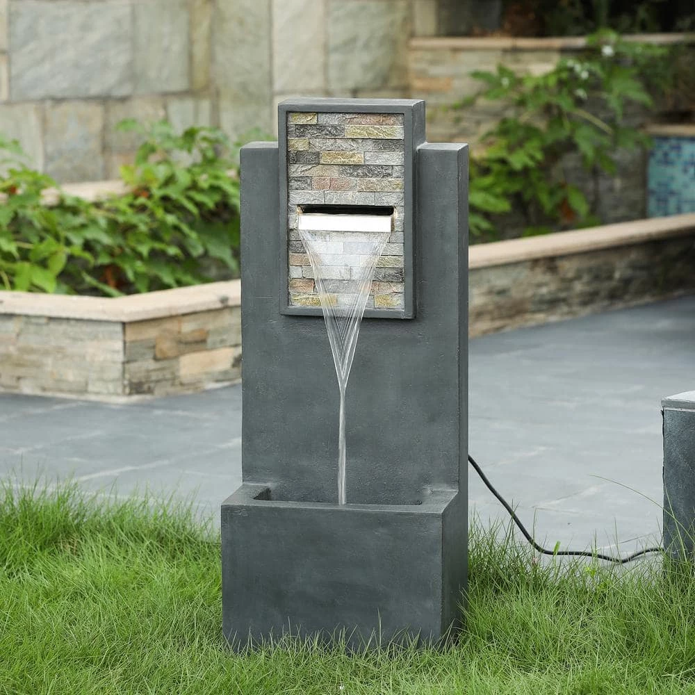 LuxenHome Gray and Brick Resin Rectangular Waterfall Outdoor Fountain - Image 2