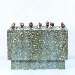 LuxenHome 18 in. H Stone and Patina Rectangular Cascade Fountain with LED Lights and Bronze Birds