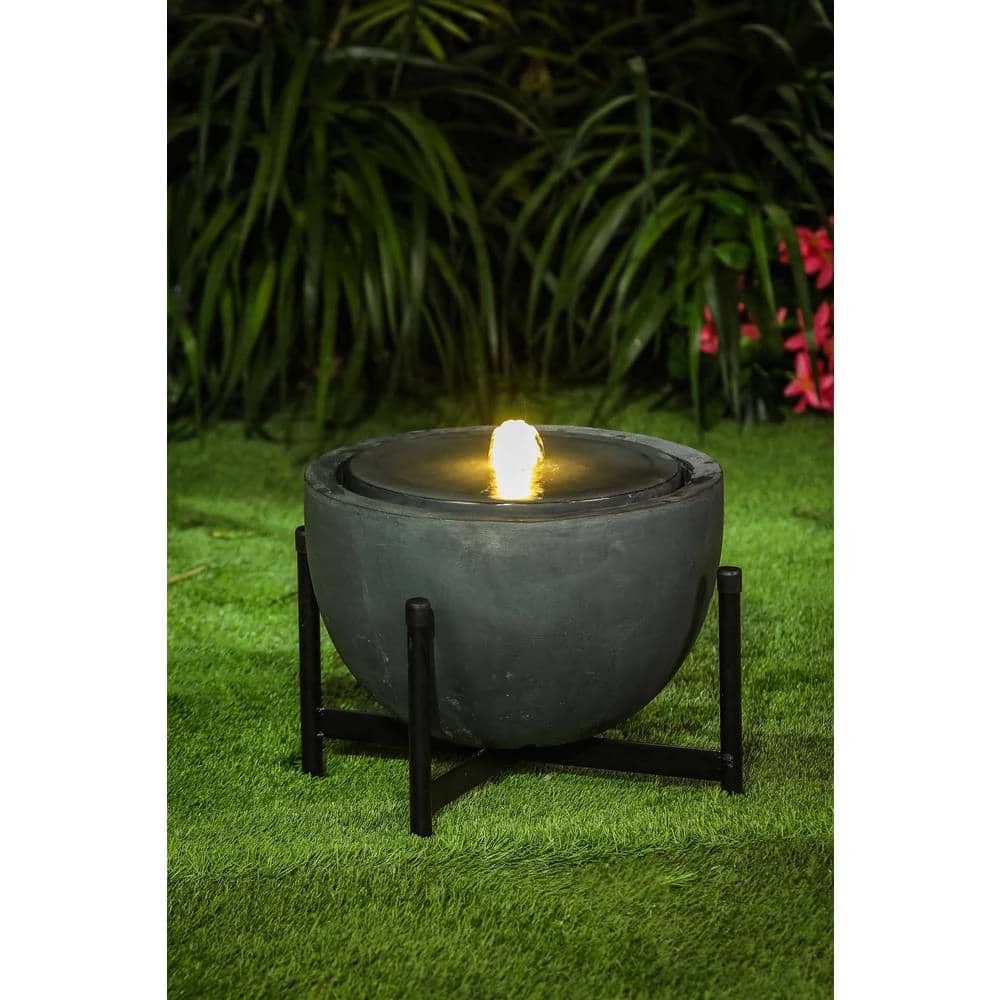 LuxenHome Gray Bowl with Black Stand and LED Light Outdoor Bubbler Resin Cascade Fountain - Image 4
