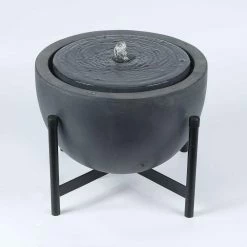 LuxenHome Gray Bowl with Black Stand and LED Light Outdoor Bubbler Resin Cascade Fountain