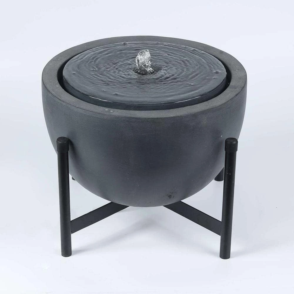 LuxenHome Gray Bowl with Black Stand and LED Light Outdoor Bubbler Resin Cascade Fountain