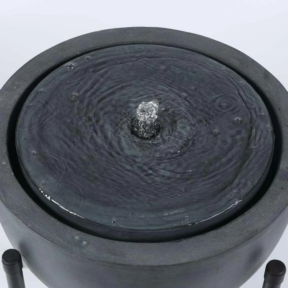 LuxenHome Gray Bowl with Black Stand and LED Light Outdoor Bubbler Resin Cascade Fountain - Image 2