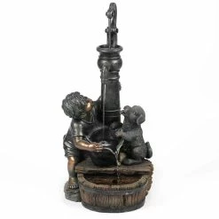 LuxenHome Polyresin Water Pump Boy and Dog Patio Cascade Fountain