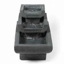 LuxenHome Gray Cement and Resin Modern 2-Tier Basin Outdoor Cascade Fountain with LED Lights