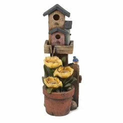 LuxenHome Polyresin Birdhouses and Sunflowers Patio Cascade Fountain