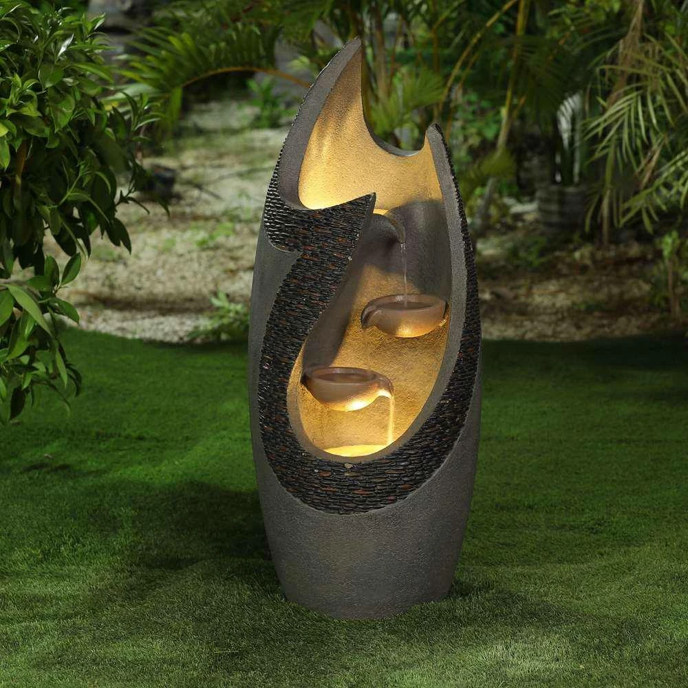 LuxenHome Cement Modern Tiered Patio Cascade Fountain with LED Lights - Image 5