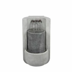 LuxenHome Cement Modern Semi-Round Outdoor Cascade Fountain with LED Light