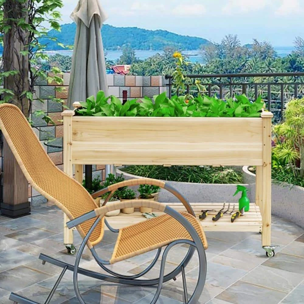 Ejoy 48 in. x 32 in. x 23 in. Wooden Elevated Planter with Shelf and Wheels - Image 2
