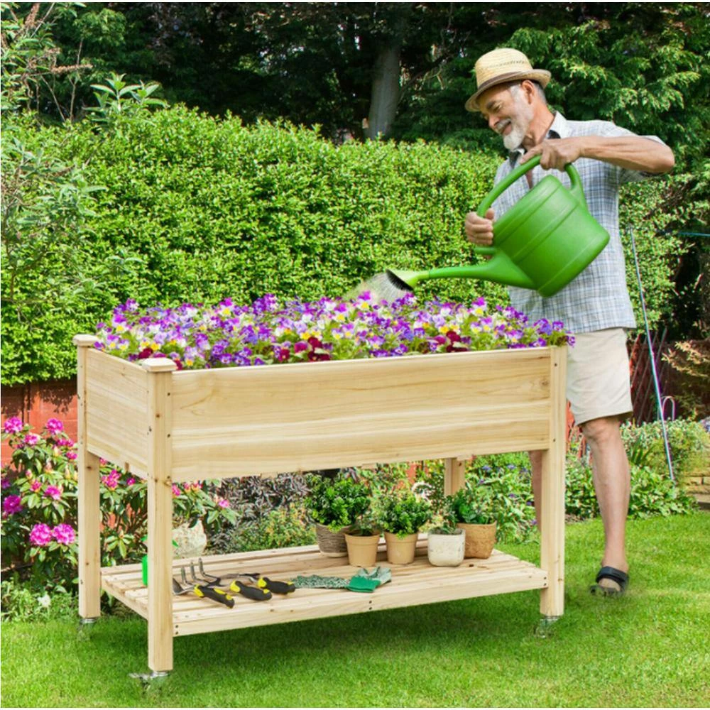 Ejoy 48 in. x 32 in. x 23 in. Wooden Elevated Planter with Shelf and Wheels - Image 10