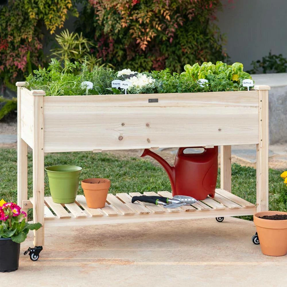 Ejoy 48 in. x 32 in. x 23 in. Wooden Elevated Planter with Shelf and Wheels - Image 8