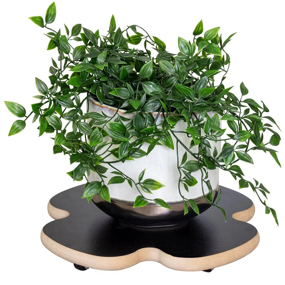 Wagner 13 in. Dia, 1.625 in. H Black Clover Decor Wooden Plant Caddy - Image 2