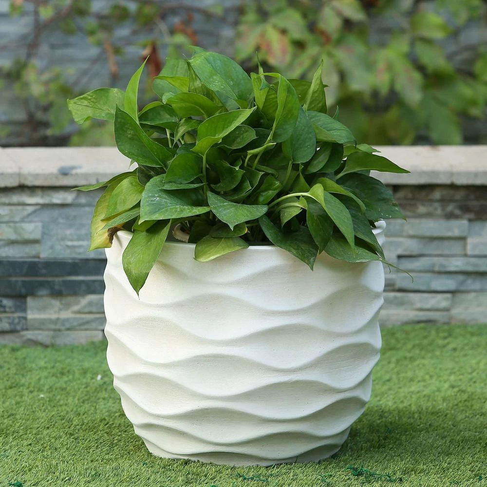 LuxenHome White Wavy Design MgO Fiberclay Planter - Image 2
